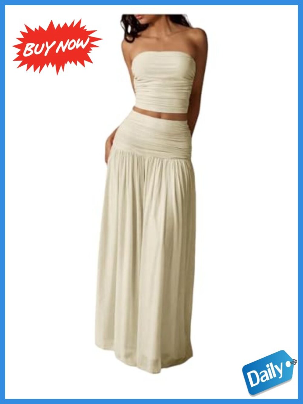 2 Piece Skirt Set Mesh Ruched Bandeau Top Maxi